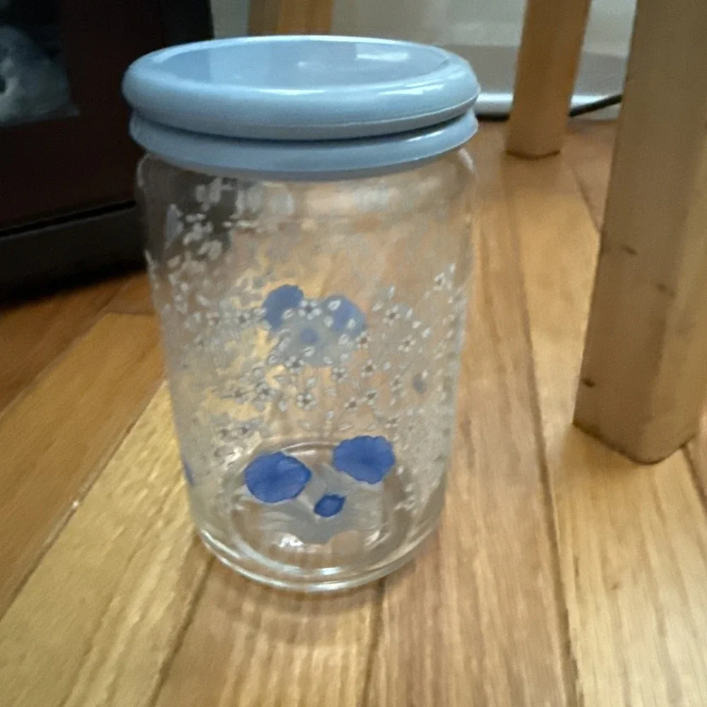 KIG Indonesia Glass Jar With Plastic Lid, Morning glory Daisy Print Rare Cottage